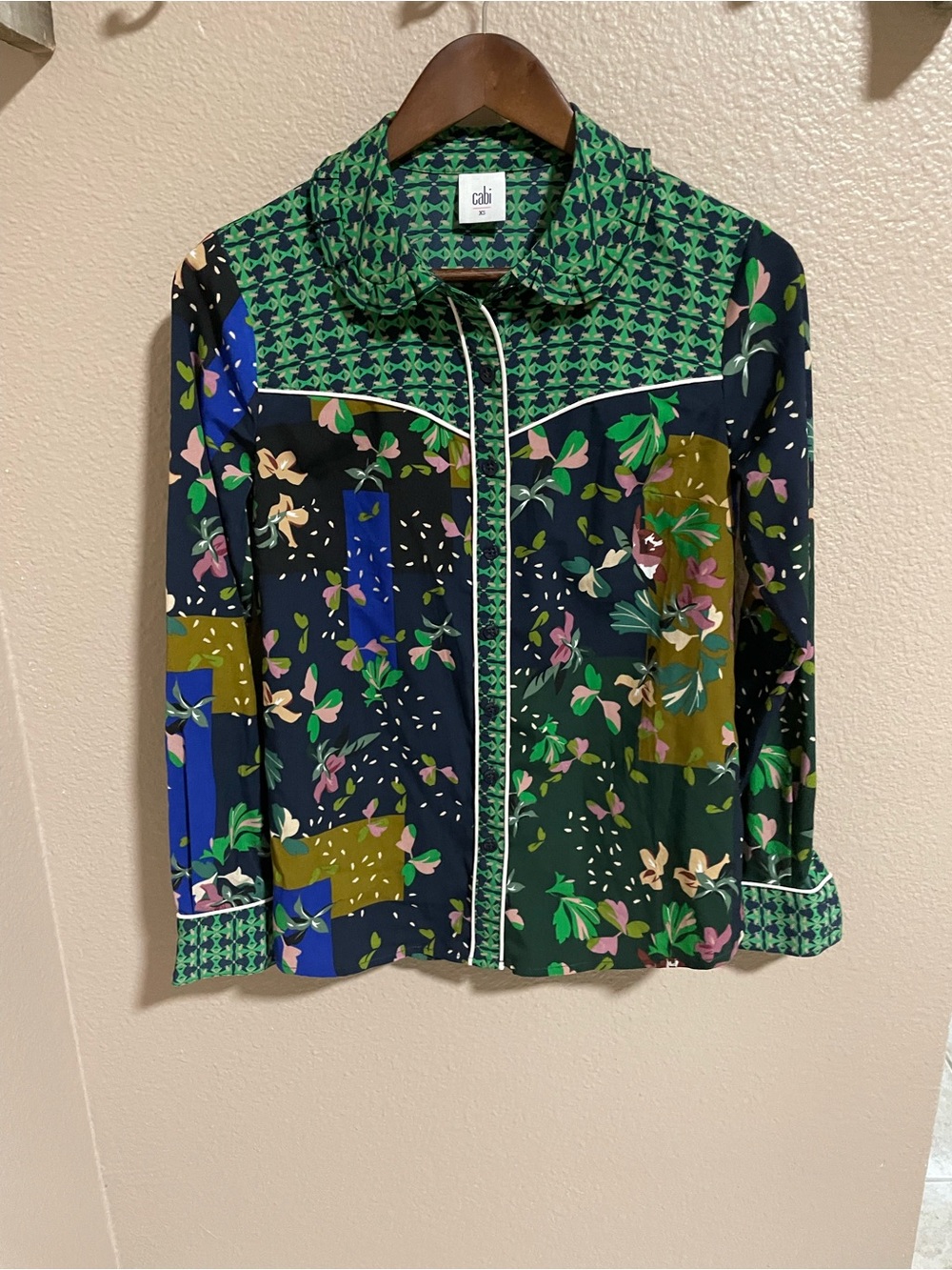 Cabi Floral Patchwork Button-Up Blouse - Green